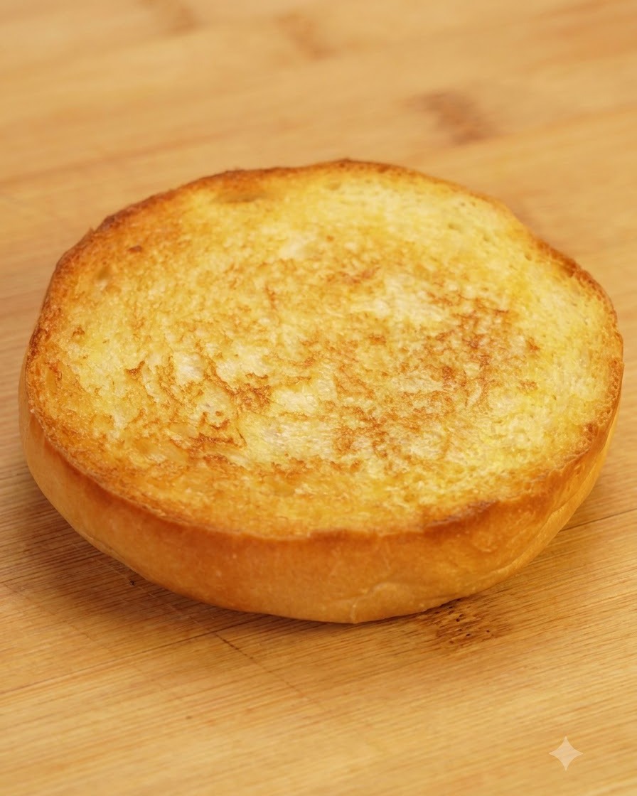 木製のまな板の上に、黄金色にトーストされたバーガーバンズの半分が置かれている様子。