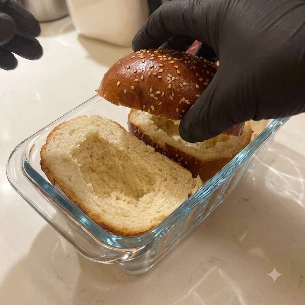 くり抜いたハンバーガーバンズの下半分の中に置かれたチーズスライス。