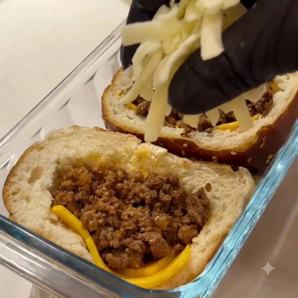 くり抜いたバンズの中の牛肉フィリングの上に振りかけられている、新鮮なシュレッドカサールチーズ。
