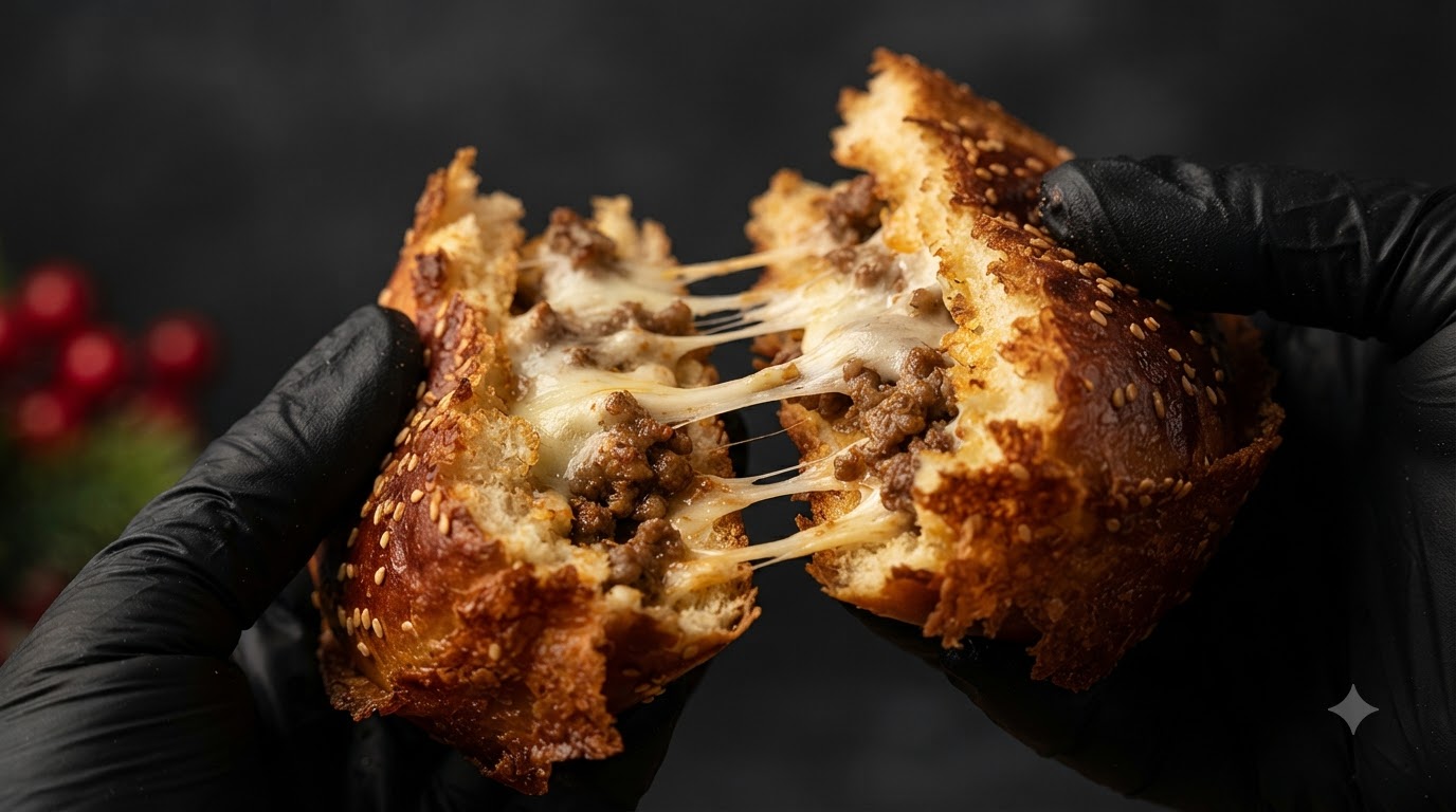 サクサクのバンズの中に、糸を引く溶けたチーズと風味豊かな肉のフィリングが詰まった、チーズ焼きバーガーを引き裂くクローズアップショット。