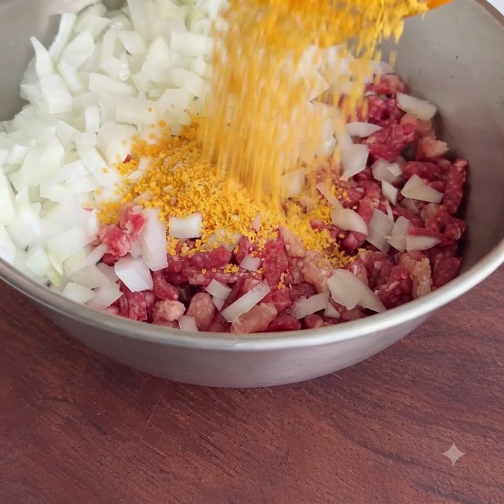 容器から黄色のパン粉を、ひき肉と玉ねぎが入った金属製のボウルに注ぎ入れている様子
