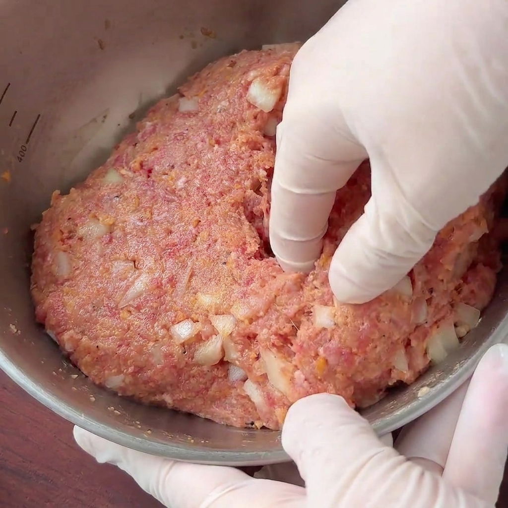 手袋をした手が、金属製のボウルの中で密度のある肉と玉ねぎの混ぜ合わせを厚みのある丸いパティに形作っている様子