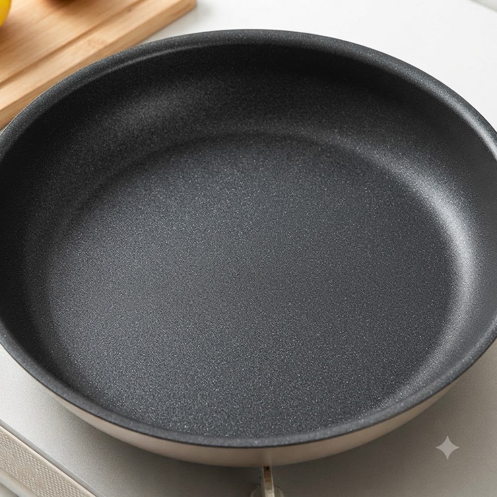 木製のまな板の隣のコンロ上に、暗い色のノンスティック加工のフライパンが置かれている様子