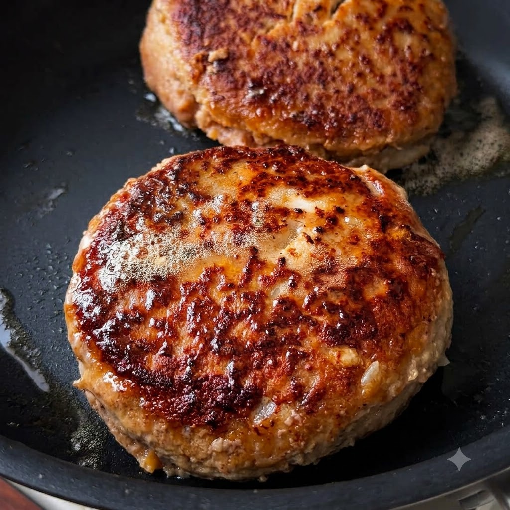 熱したフライパンの中で、濃いキツネ色の焼き色がついた2つの厚めのバーガーパティがジュージューと音を立てている様子