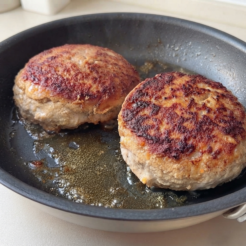 泡立つ油と肉汁に囲まれながら、フライパンで香ばしく焼かれている2つのゴールデンブラウン色のバーガーパティ