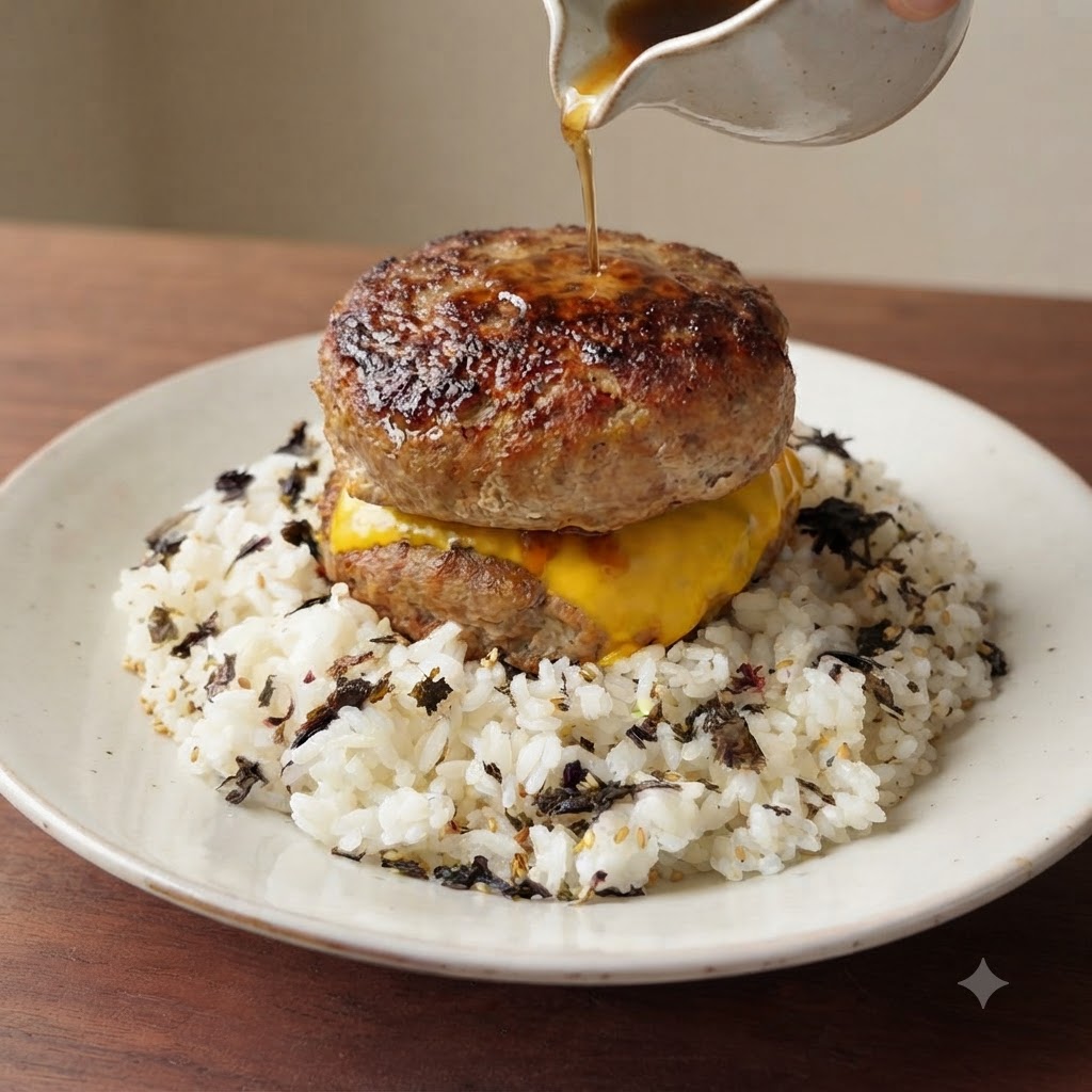 白い小さなピッチャーから、ご飯の上に乗った重ねられたバーガーパティと溶けたチーズの上に、透明感のある特製ソースを回しかけている様子