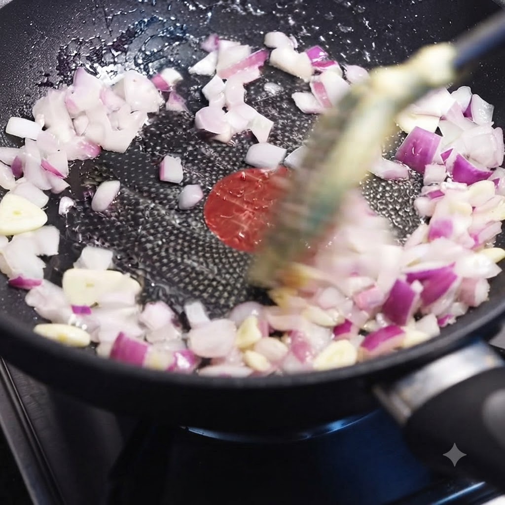 フライパンで炒めた玉ねぎとニンニクに続き、牛ひき肉を加えて強火で炒めている様子。