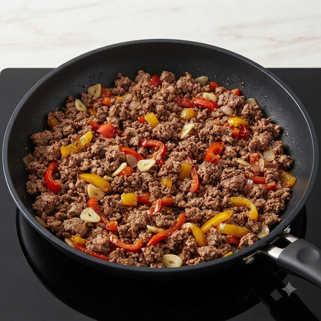 フライパンの中で、火を通した牛ひき肉に角切りのパプリカとスパイスが混ざり合っている様子。