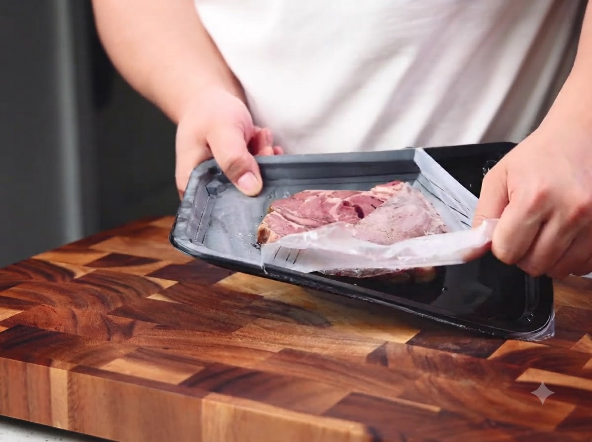 黒いトレーに載った生のステーキに、塩、こしょう、オリーブオイルで下味がつけられている様子。
