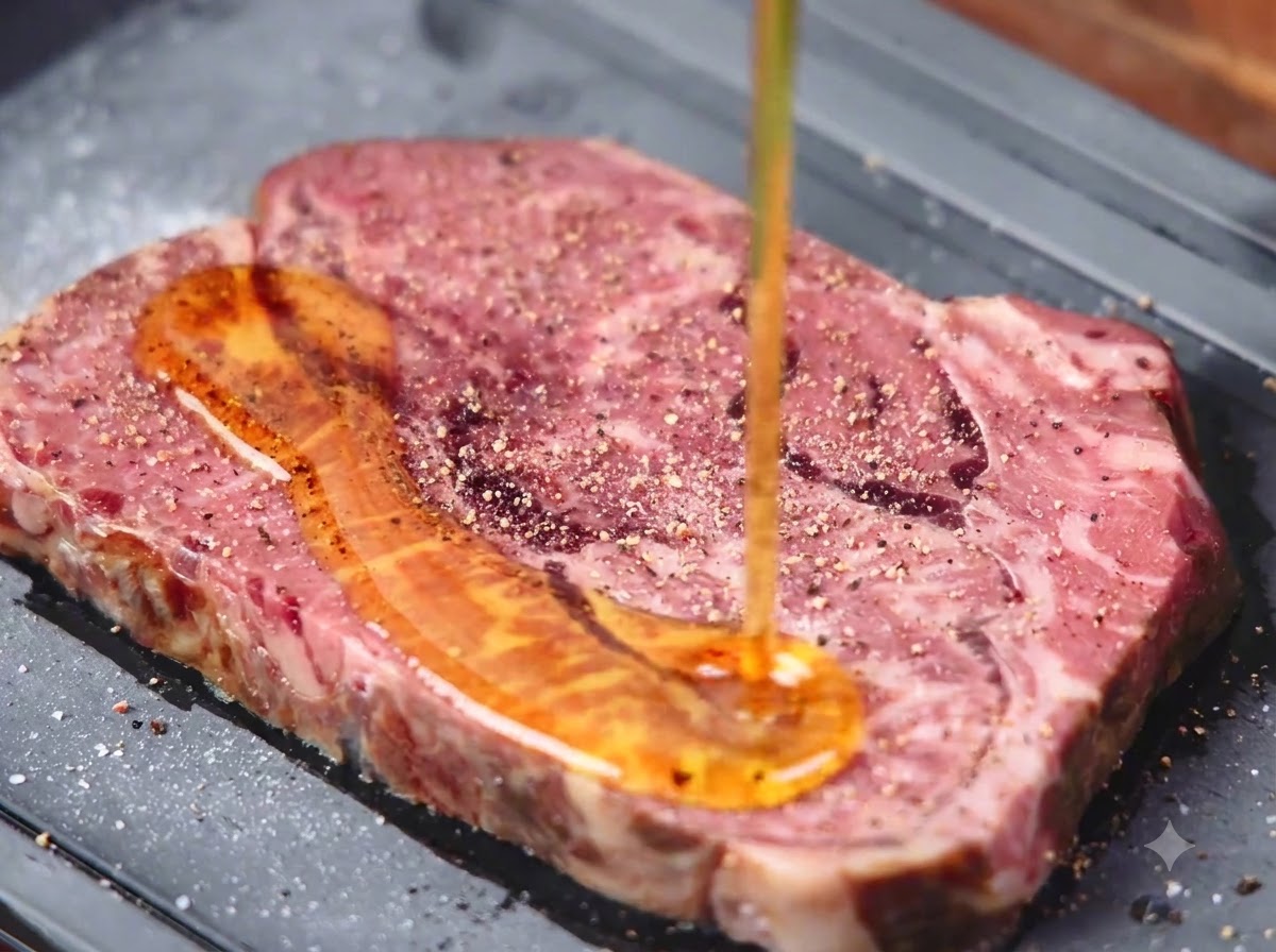 トレー上の生で下味をつけたステーキに、オリーブオイルが注がれている様子。