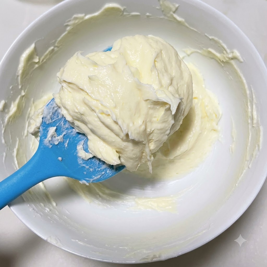 完全に均一でなめらかになるまでクリームチーズを混ぜ続けている様子。