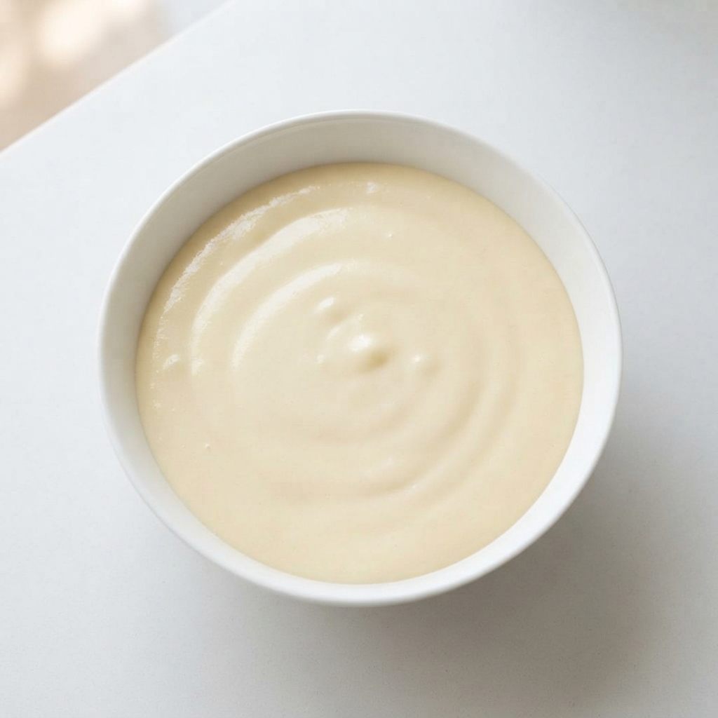 生クリームを合わせたクリームチーズを、なめらかでダマがなくなるまで泡立て器で混ぜている様子。