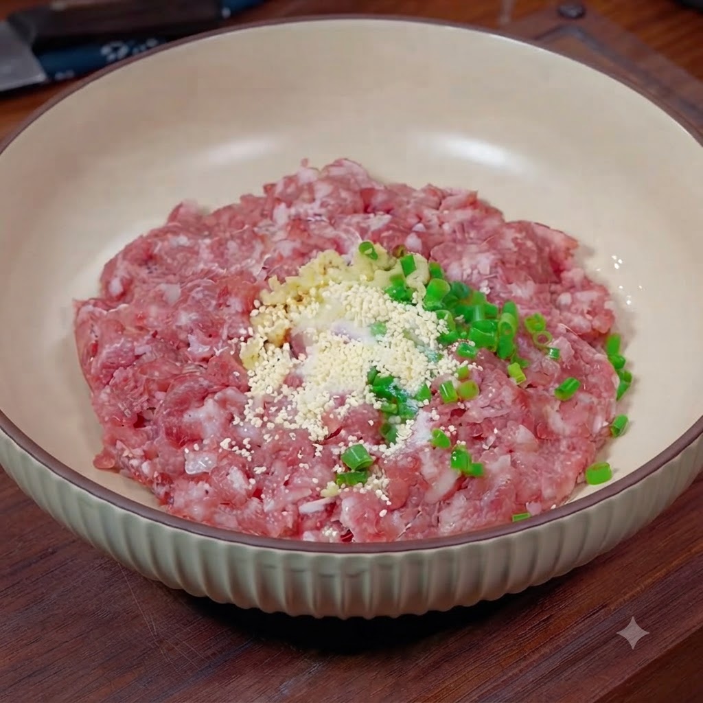 十三香、薄口醤油、オイスターソース、スターチが中央に盛られたひき肉の混合物。