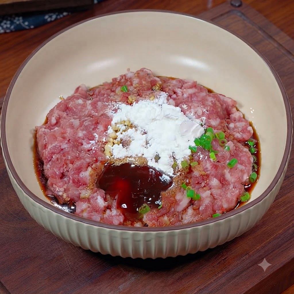 箸を使ってボウルの中で下味をつけたひき肉と調味料をしっかりと混ぜ合わせている手。