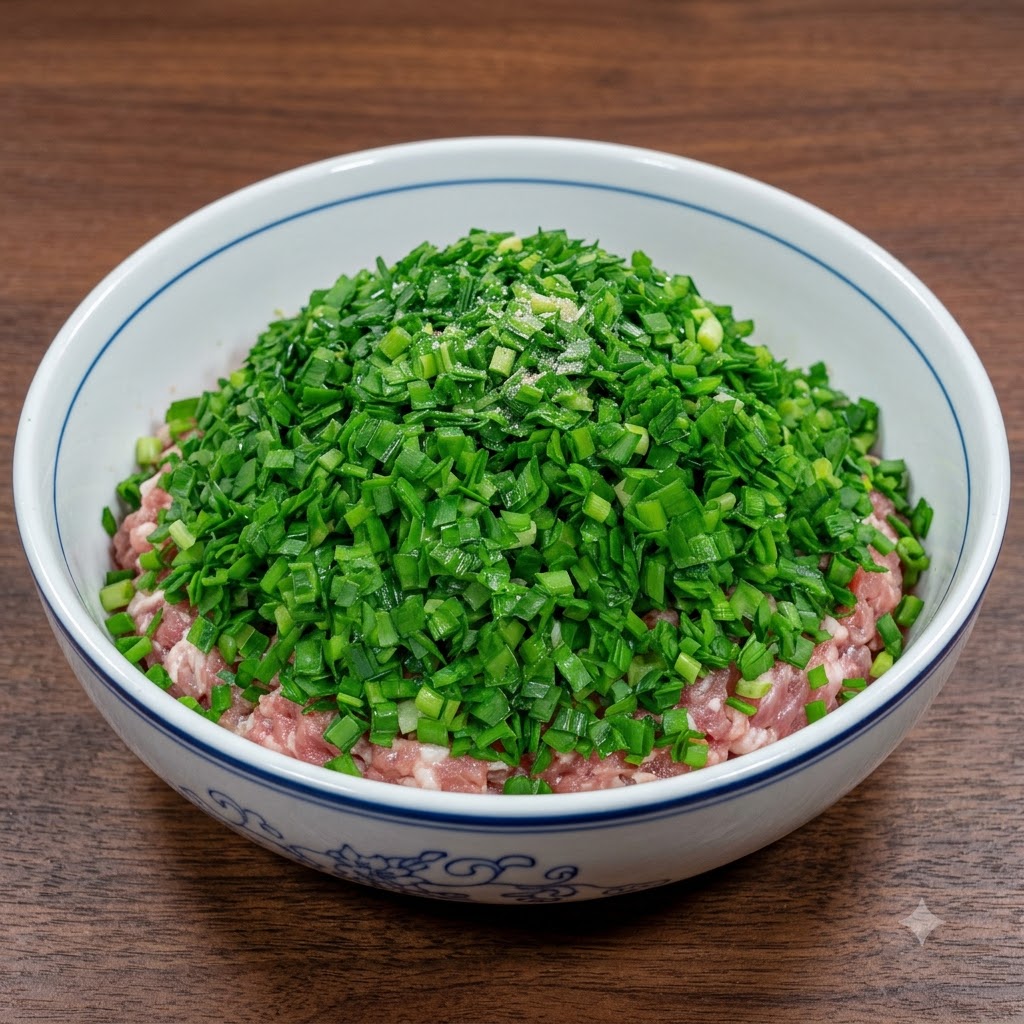味付けされたひき肉の上に、山盛りの刻みニラが乗せられた大きなボウル。