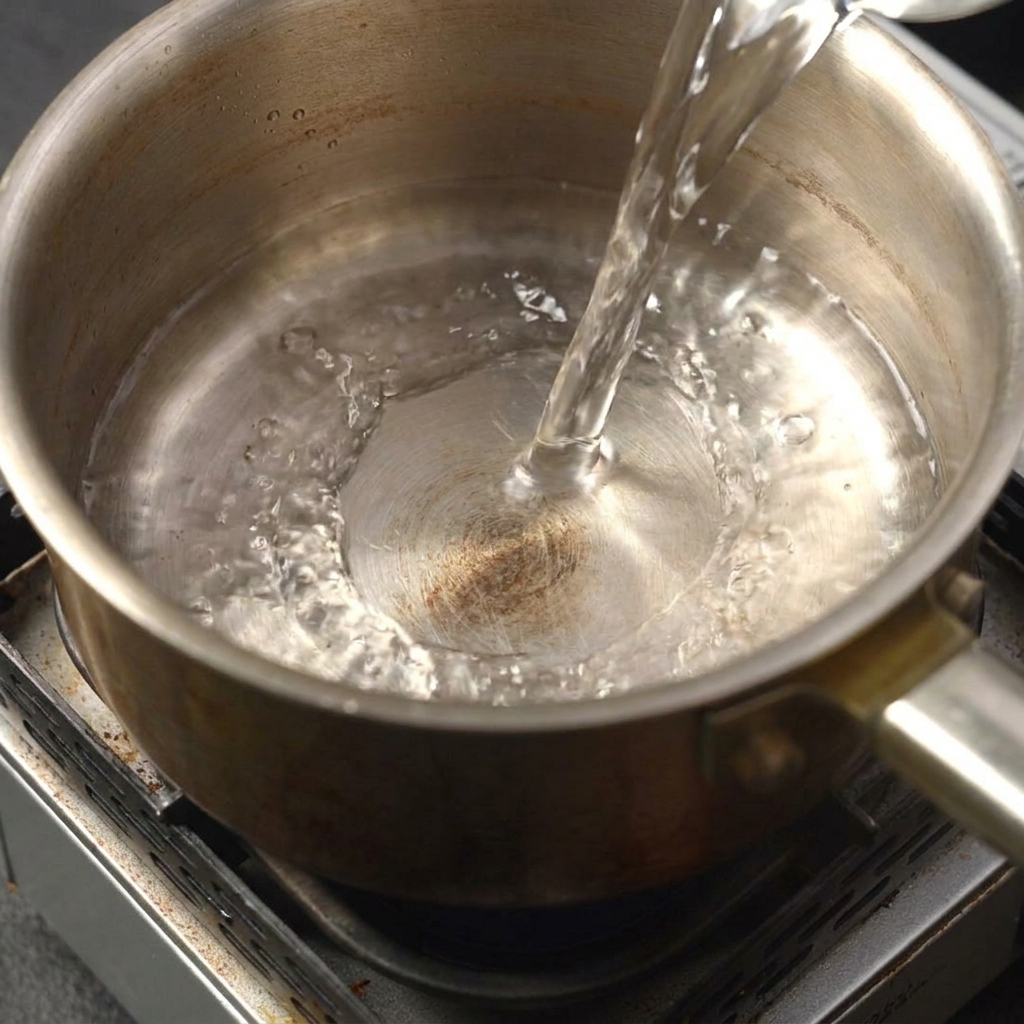 コンロ上のステンレス鍋に水が注がれている様子。