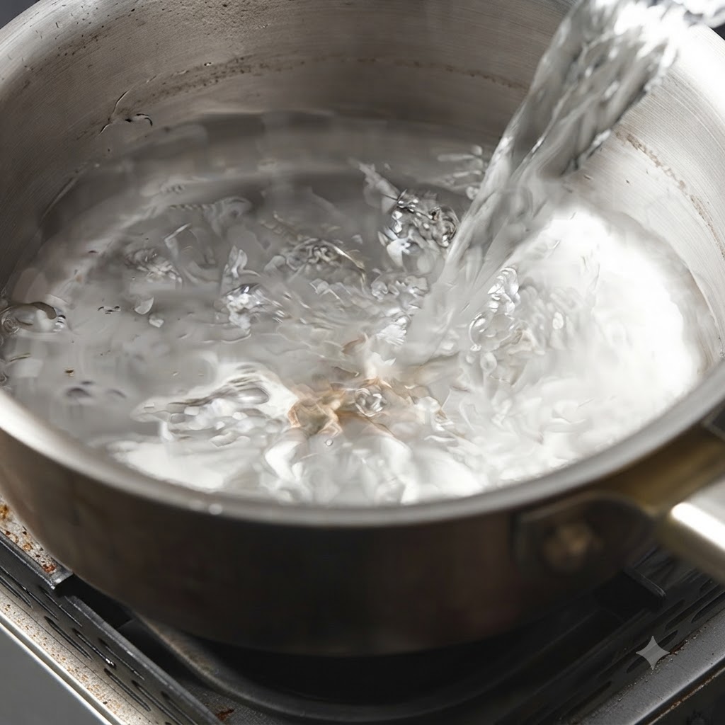 水が入った鍋に白ワインが注がれている様子。