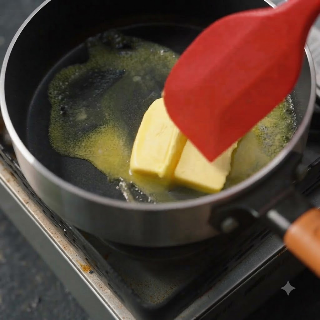 赤いシリコンスパチュラに導かれながら、黒いスキレットの中で黄色いバターが溶けていく様子。