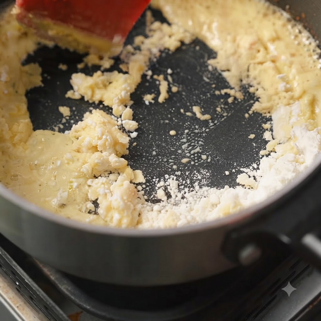 スキレットの中の溶けたバターに白い小麦粉が散りばめられている様子。