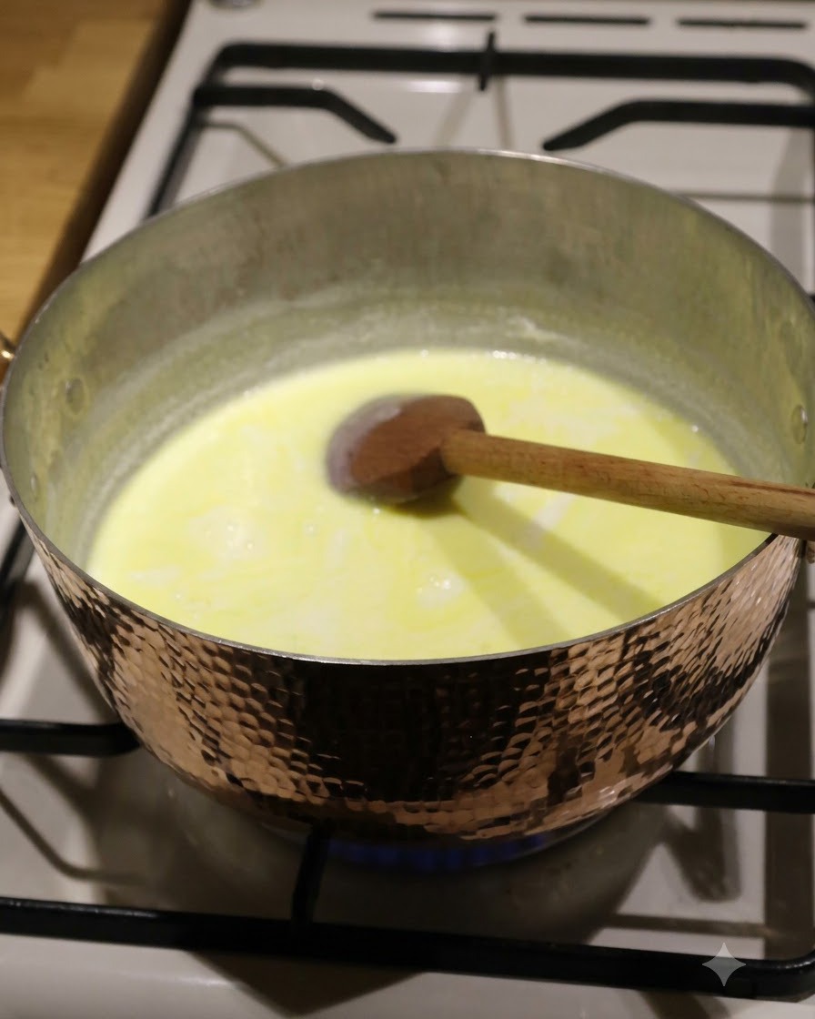 銅鍋の中で煮立っている黄色いスープを木べらでかき混ぜる様子