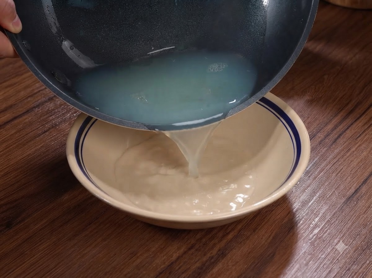中華鍋からセラミックボウルに注ぎ出される白濁したあさりスープ。