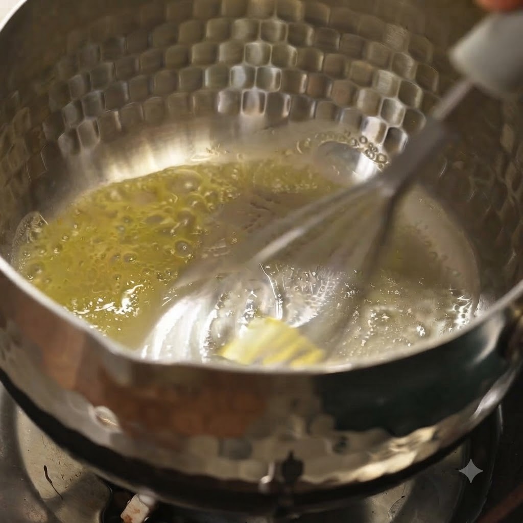 鍋で溶かしたバターに粉を混ぜ合わせている様子。
