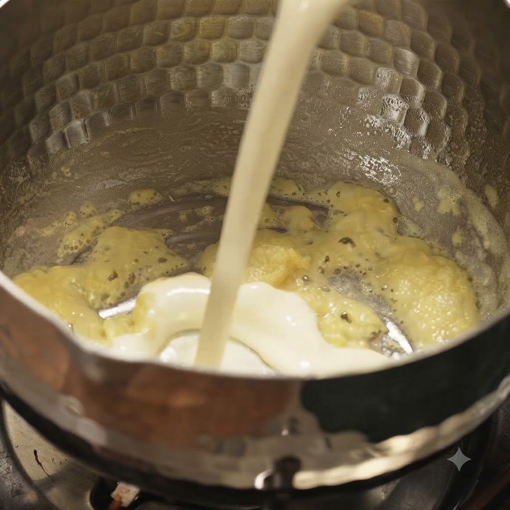 バターと小麦粉を炒めた鍋に牛乳を注いでいる様子。