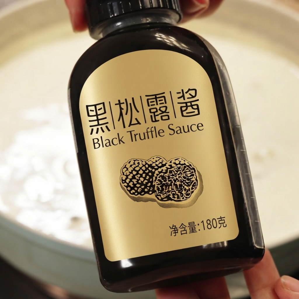 クリーミーなスープの鍋の上で「黒トリュフソース」の瓶を持っている様子。