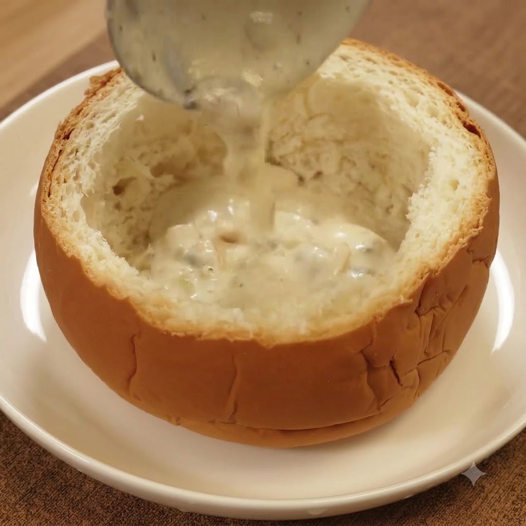 白いお皿に乗せた、くり抜かれたパンに、とろみのあるクリーミーなクラムチャウダーをお玉で注いでいる様子。