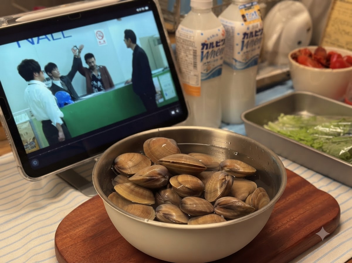 木の板の上に置かれた、水とあさりの入った金属製のボウル。