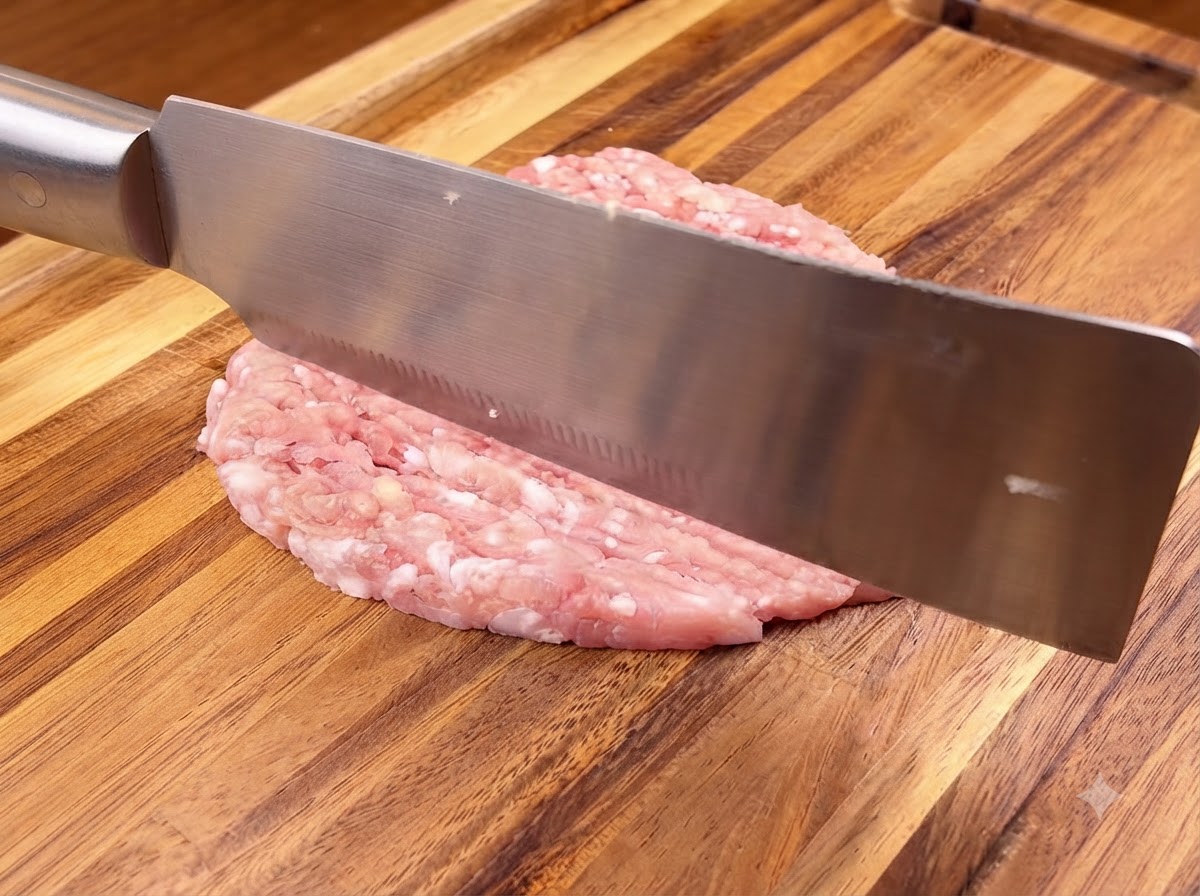 木製のまな板の上で、鋭い中華包丁を使って生豚肉を刻んでいる様子。