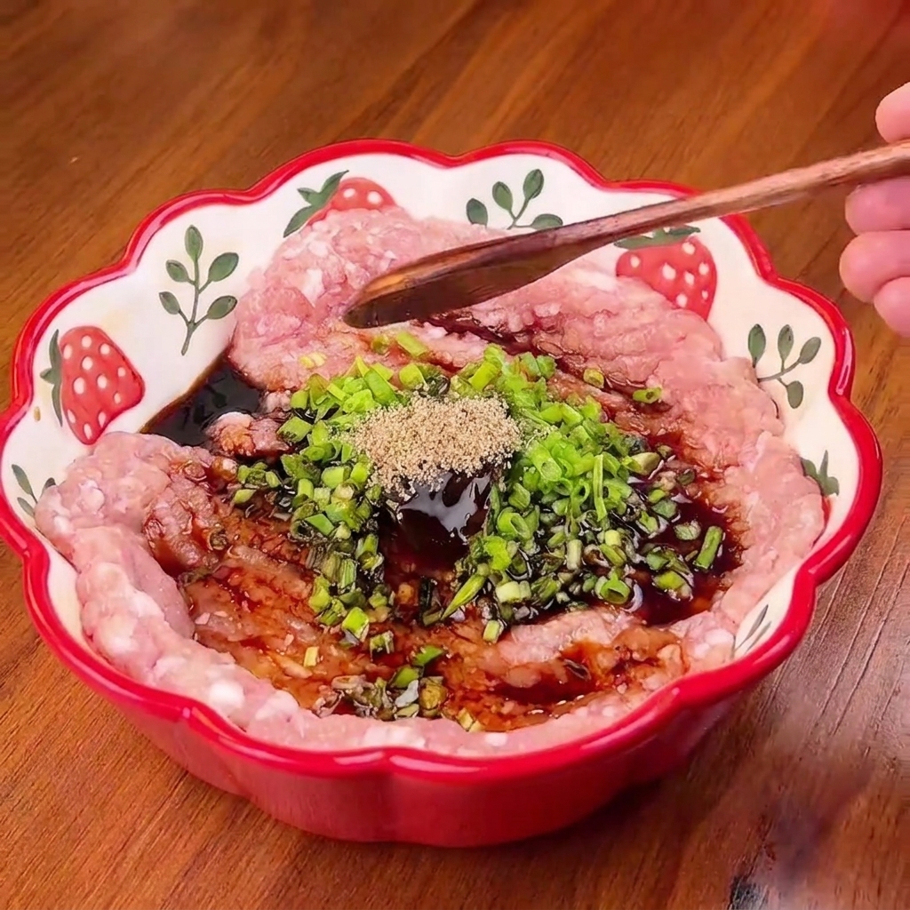 手袋をした手が、ボウルの中で木製のスプーンを使って豚ひき肉と調味料、ネギを混ぜ合わせている様子。