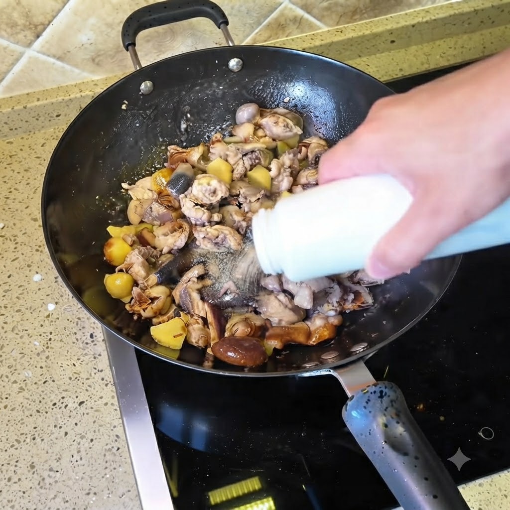 白いボトルから中華鍋の鶏肉に調味料を振りかける様子