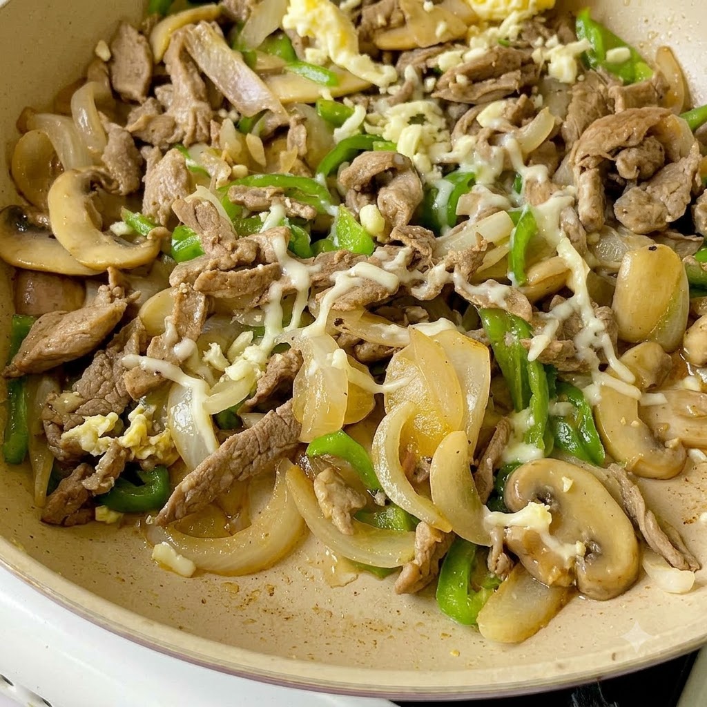 炒めた牛肉と野菜の入ったフライパンに、シュレッドチーズが振りかけられている様子。