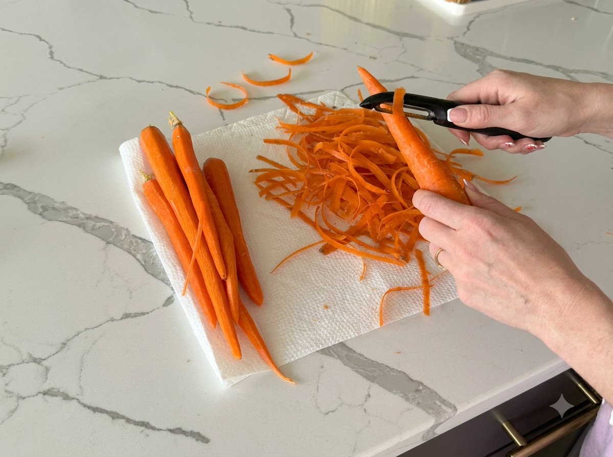 皮をむいたにんじんを、キッチンで非常に細かい角切りにしている様子。