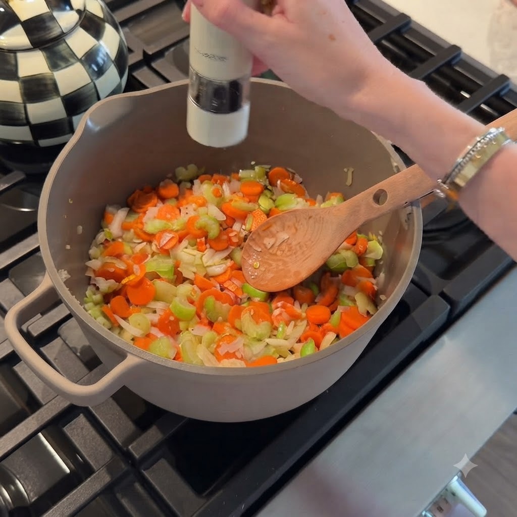鍋の中の野菜に塩を振りかけ、木べらで混ぜている様子。