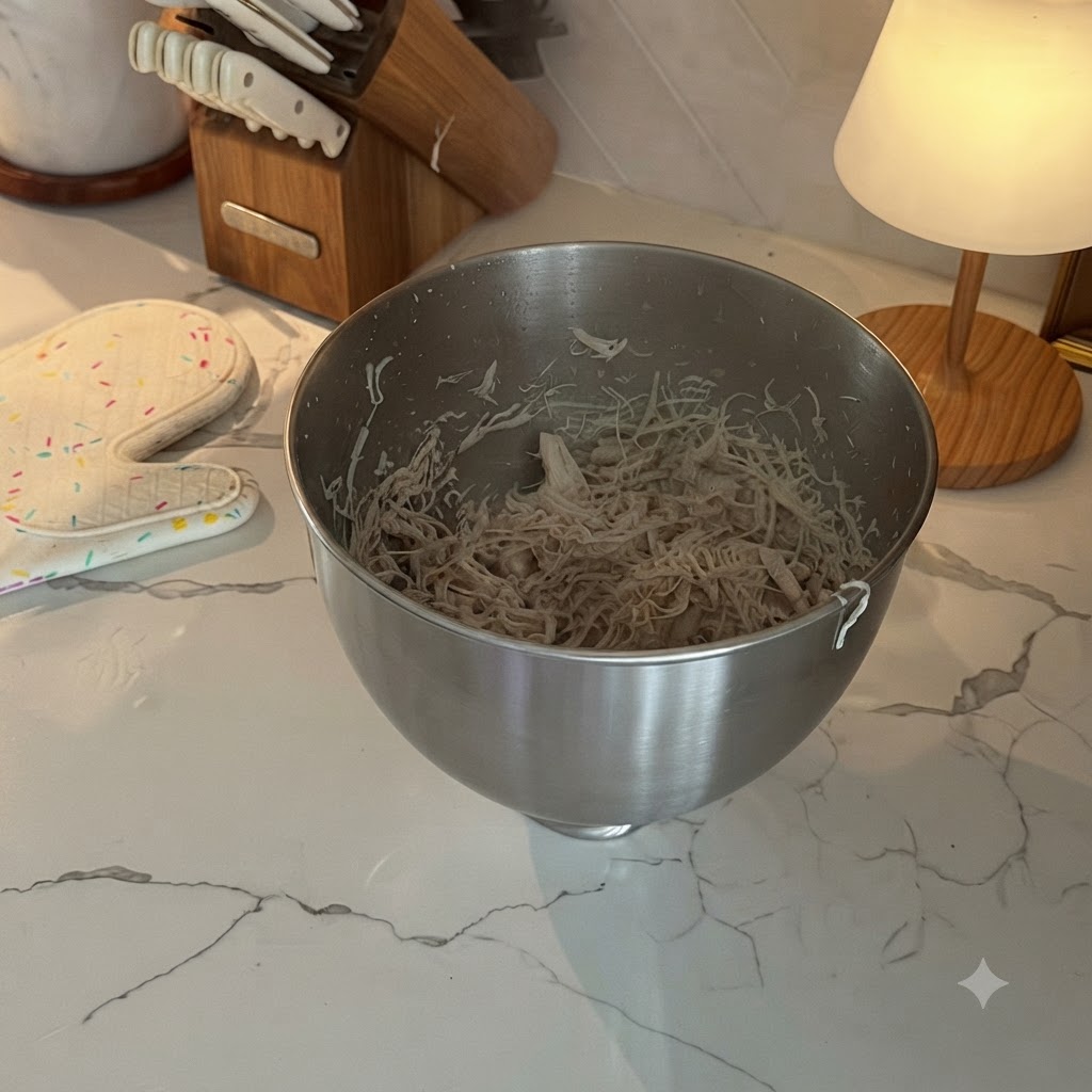 大理石のカウンターに置かれたステンレス製のボウルの中で、細かくほぐされた鶏むね肉。