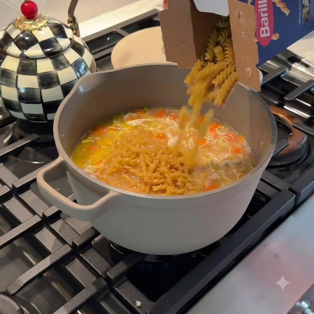 乾燥したショートパスタを箱から直接、煮立っているチキンヌードルスープの鍋に注ぎ入れている様子。