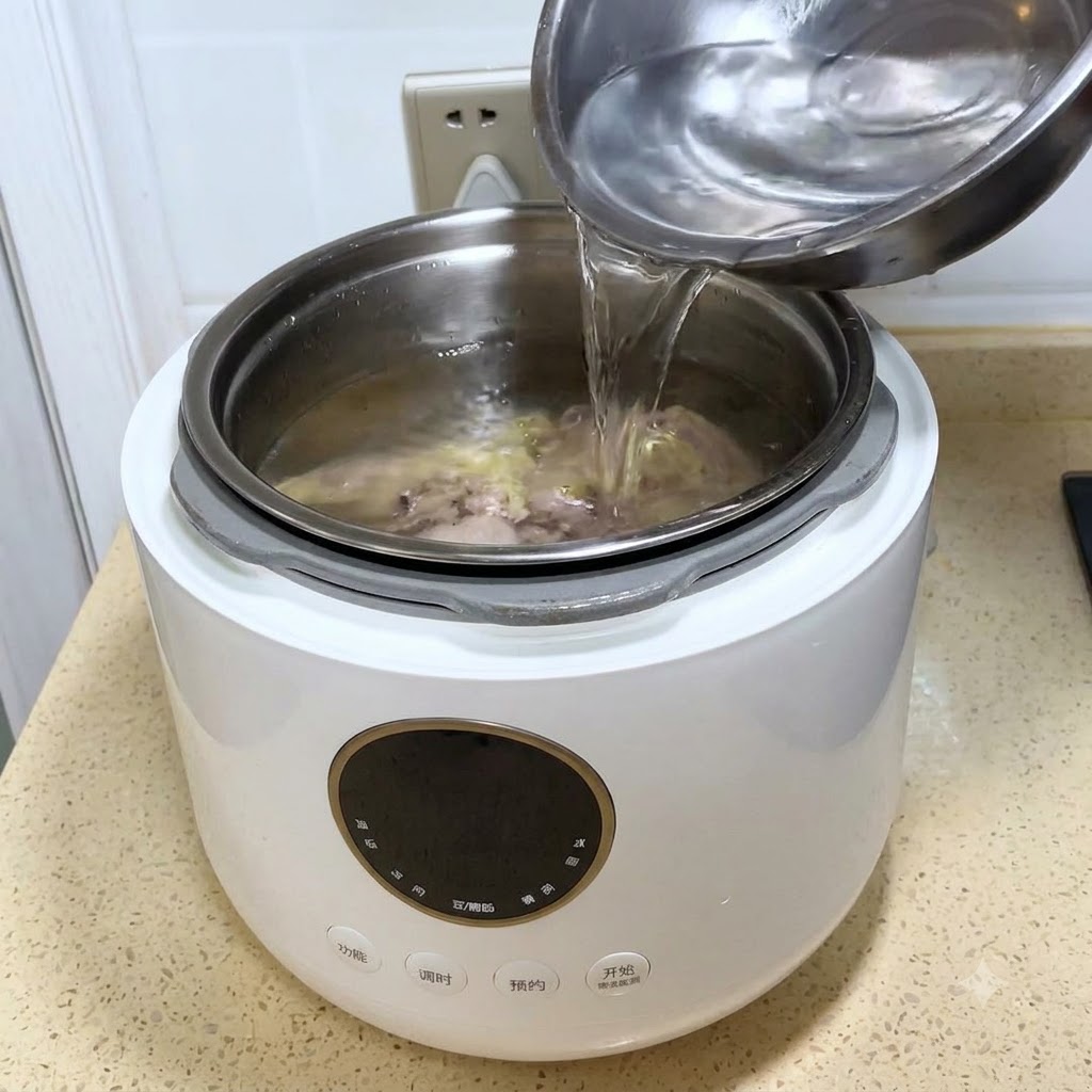 下茹でした鶏肉が入った白い電気圧力鍋に、スチール製のボウルから水が注がれている様子。
