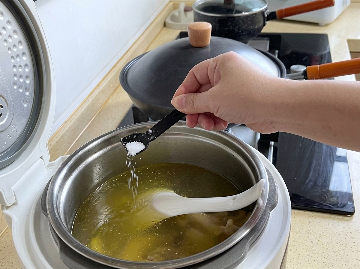 湯気の立つチキンスープの鍋に、小さな黒い計量スプーンで塩が加えられている様子。