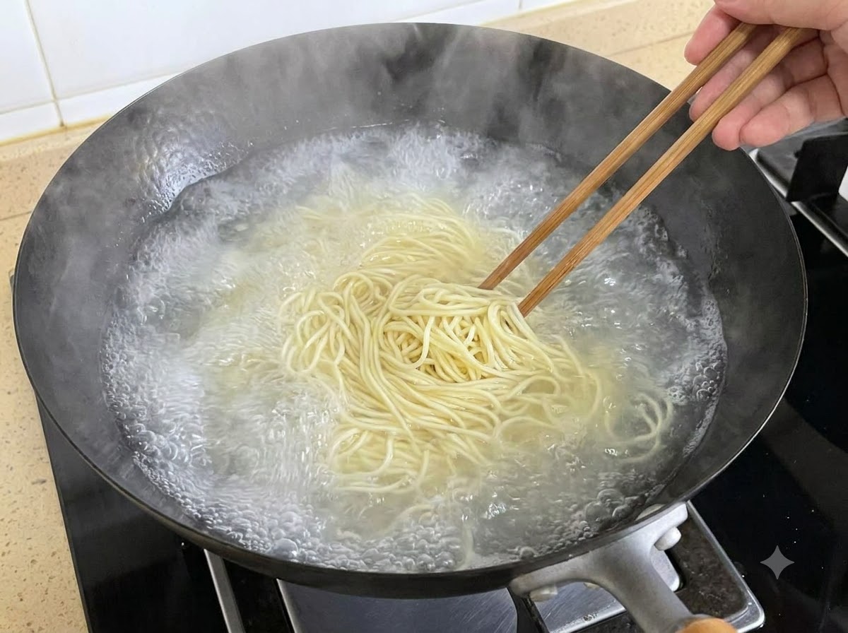 沸騰したお湯がたっぷり入った大きな黒い中華鍋の中で、木製の箸で細麺をかき混ぜながら茹でている様子。