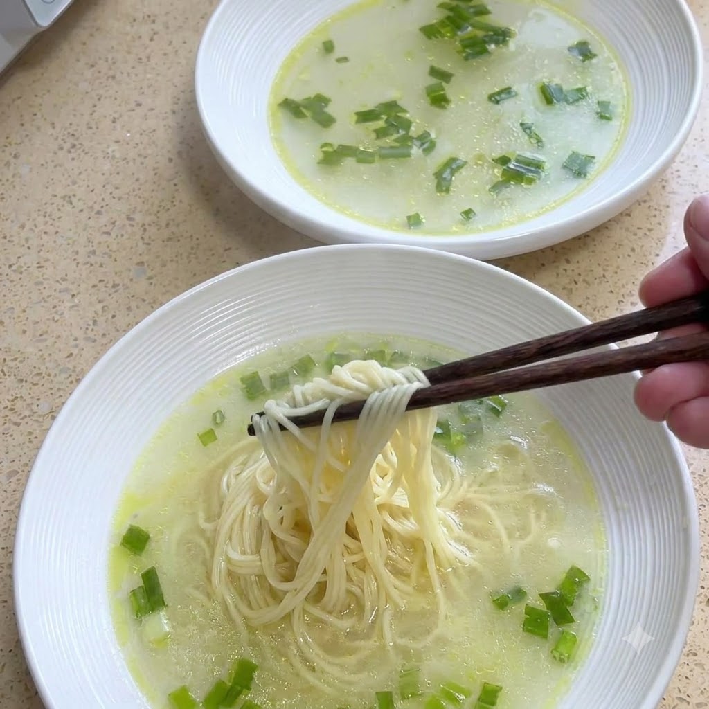箸を使って茹で上がった麺を持ち上げ、熱々のチキンスープとネギが入ったボウルに入れている様子。