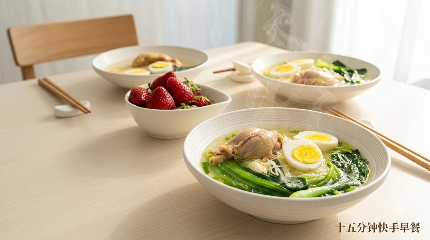 白いテーブルの上に置かれた、茹で卵の半分とチンゲン菜が添えられた湯気の立つチキンヌードル3杯。隣にはイチゴのボウルが並んでいます。