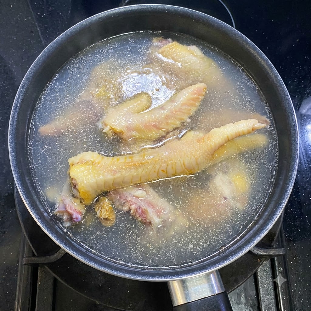 コンロの火にかけた鍋で、鶏肉と生姜が一緒に煮立っている様子。