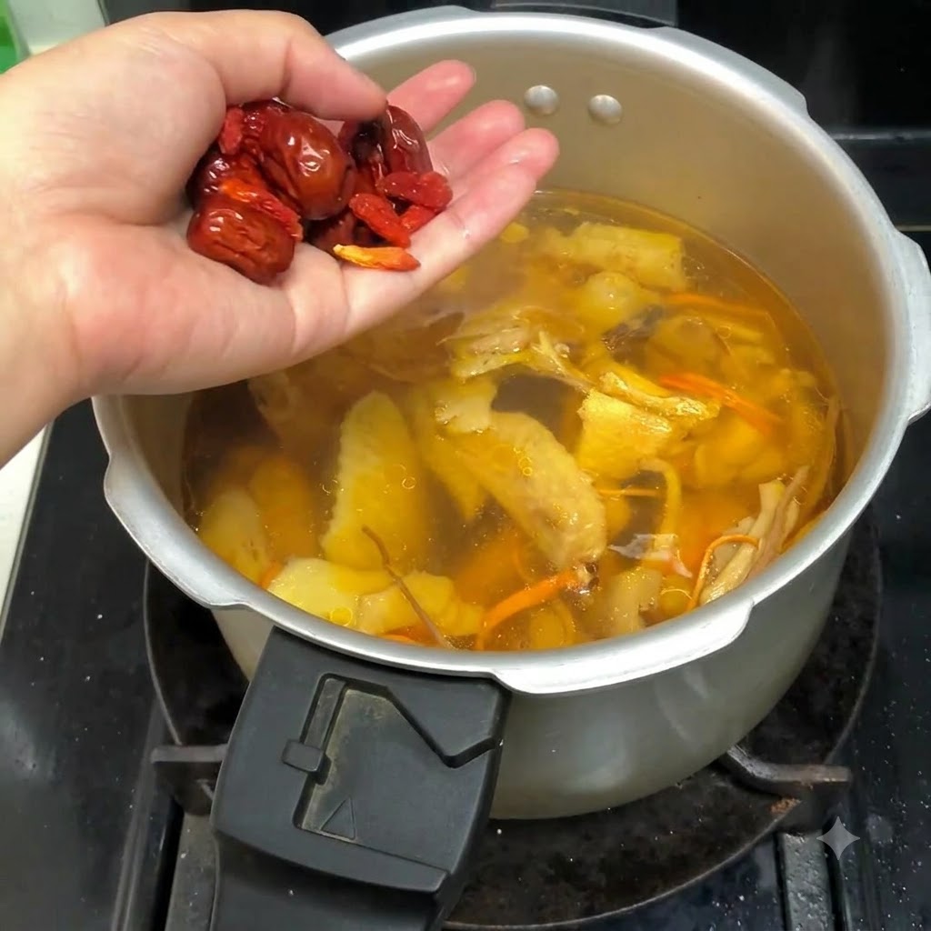 鶏スープの入った圧力鍋に、ひと掴みのナツメとクコの実を加えている様子。