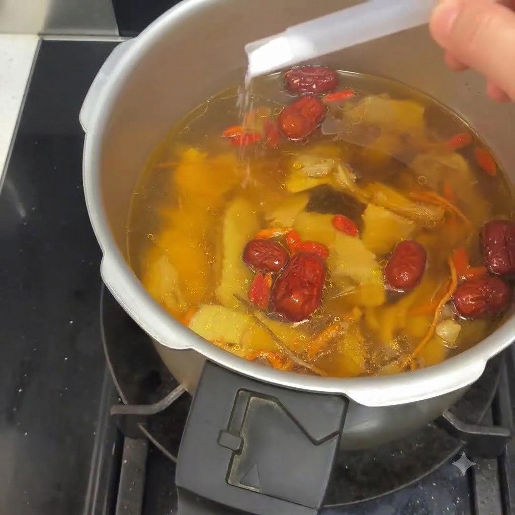 鍋の中で煮立っている鶏スープに、ひとつまみの塩を振り入れている様子。
