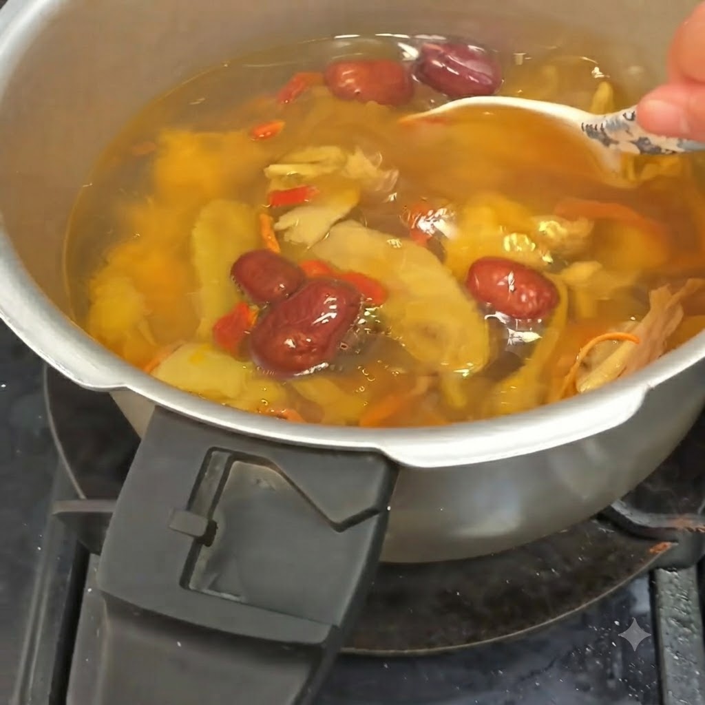 椎茸、ナツメ、ハーブが入ったグツグツ煮立つ鶏スープを、白いお玉でかき混ぜている様子。