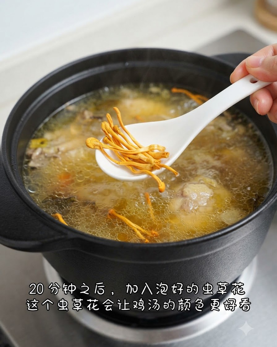 オレンジ色の冬虫夏草を載せた白いスプーンが、煮立つチキンスープの鍋の上へ下ろされる様子。