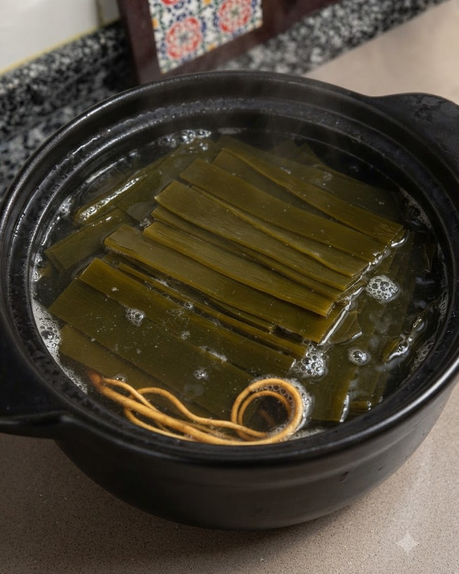 土鍋の中のスライスした昆布、冬虫夏草、鶏肉が入った熱いスープを、お玉で混ぜ合わせている様子。