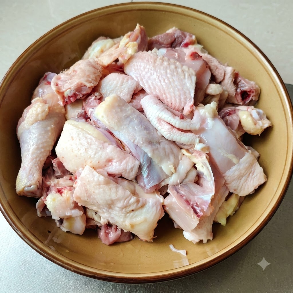 茶色のボウルに盛られた、下処理済みの生の鶏肉のぶつ切り。